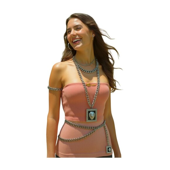Women High Waist Hip Silver Metal Chain Links Wave Belt Lion Charm Size XS S M - Picture 5 of 17